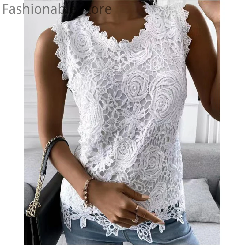 

Women Casual Solid White Guipure Lace Tank Top V Neck Sleeveless Vest