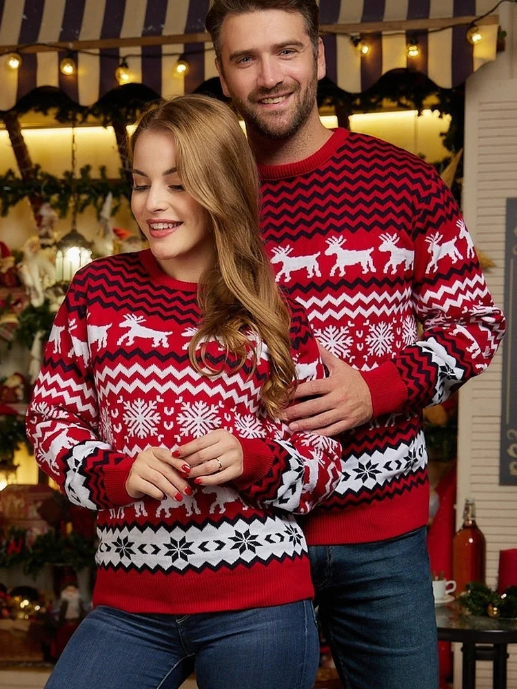 

Christmas Winter Pullover Family Casual Deer Knitted Sweater Couples Vintage Loose Knitwear Unisex Thick Long Sleeve Warm Jumper