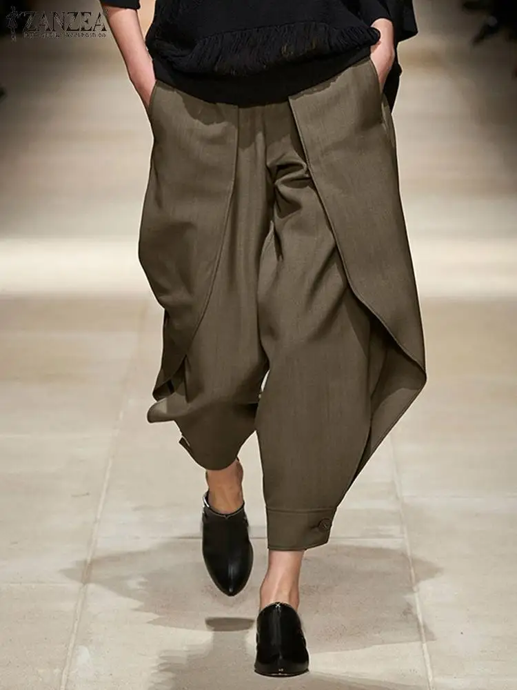 

Summer Solid Pantalon Long Trousers With Pockets ZANZEA Casual Loose Harem Pants Vintage Women Elastic Waist Bottoms Oversized
