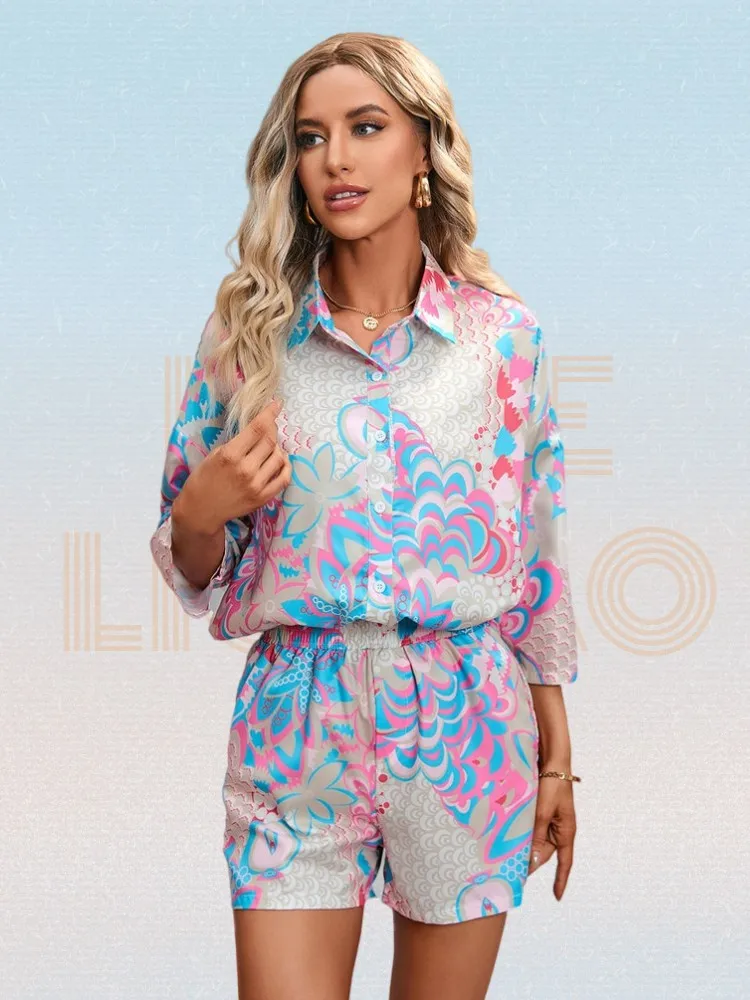

Single Breasted Print Blouse And Shorts Set Women Cotton Turn-down Collar Blouse Elastic Waist Shorts Summer Casual Suit