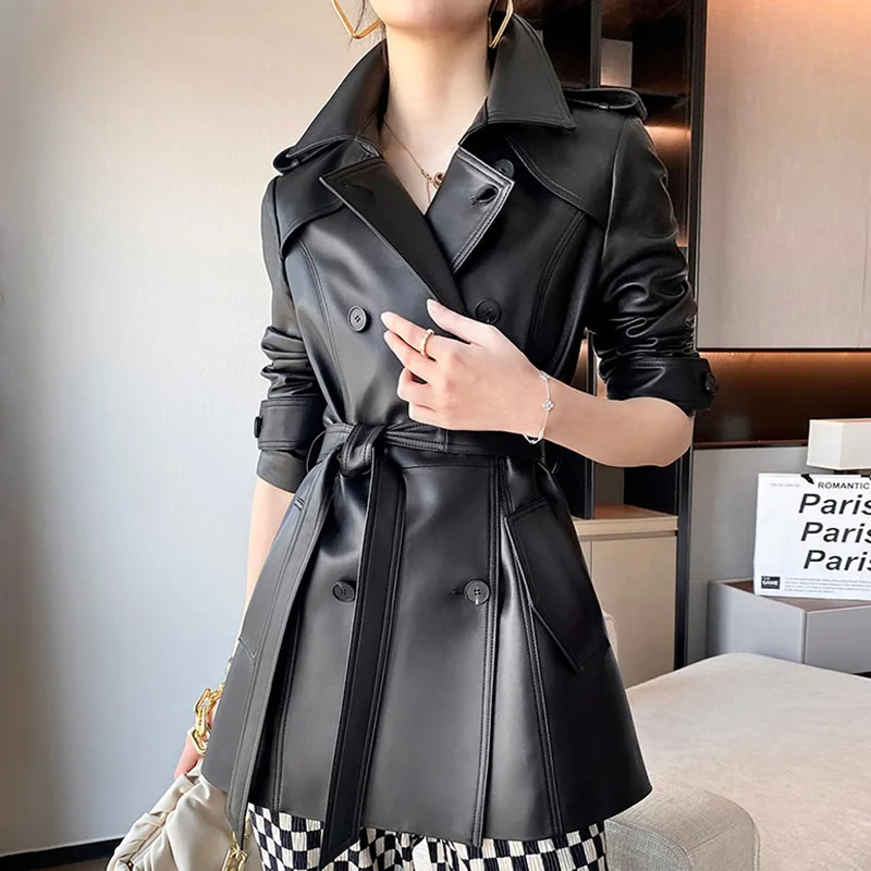 2023 Autumn Winter Belted Genuine Leather Jackets Real Leather Coats Women Jackets Female Sheep Leather Outwear CL4873