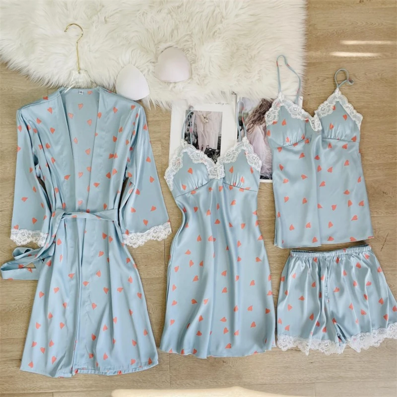 

4PCS Pajamas Set Women Blue Print Satin Lace Sleep Pijama Home Nightie Sexy V-Neck Spring Summer Sleepwear