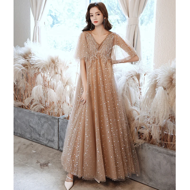 

Long Evening Dresses For Pregnant Woman Elegant V-Neck A-Line Ankle Length Luxury Appliques Star Tulle Wedding Party Gowns