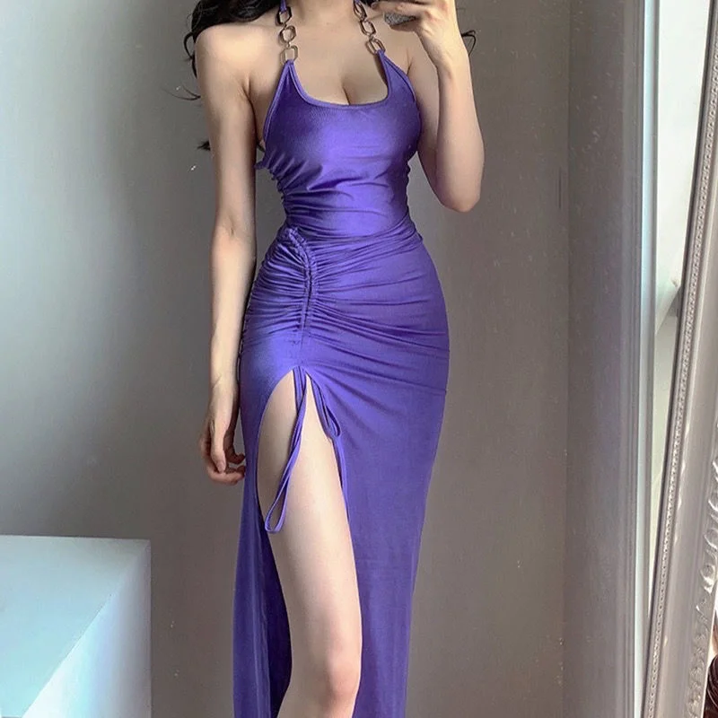 

Summer Sexy Breast Wrap Personalized Design Neck-mounted Chain Hip Skirt High Waist Off Shoulder Solid Split Ladies Dresses