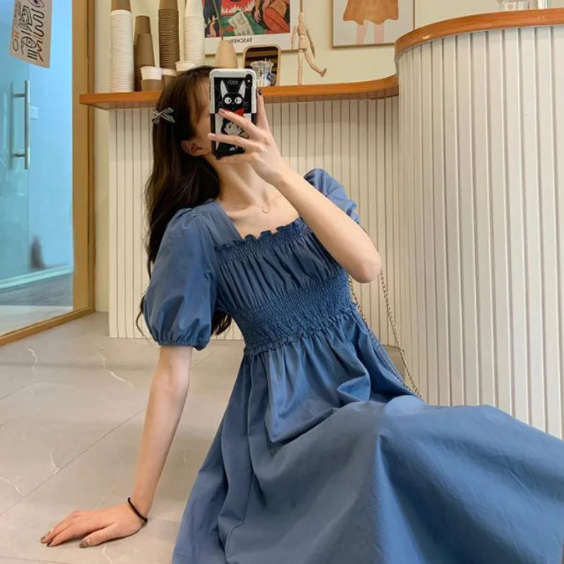 

HOUZHOU Vintage Chic and Elegant Woman Long Dress Fairycore Short Sleeve Blue Corset Dresses Korean Fashion Aesthetic Harajuku