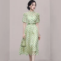 2022 summer new womens clothing korean version high end temperament standing collar lantern sleeve waist wave dot mesh dress