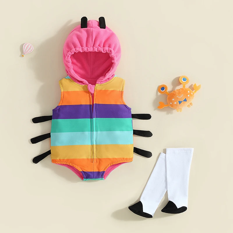 

2023-07-30 Lioraitiin 0-24M Newborn Baby Boy Girl Ladybug Costume Rainbow Color Sleeveless Hood Zipper Cosplay Romper Socks