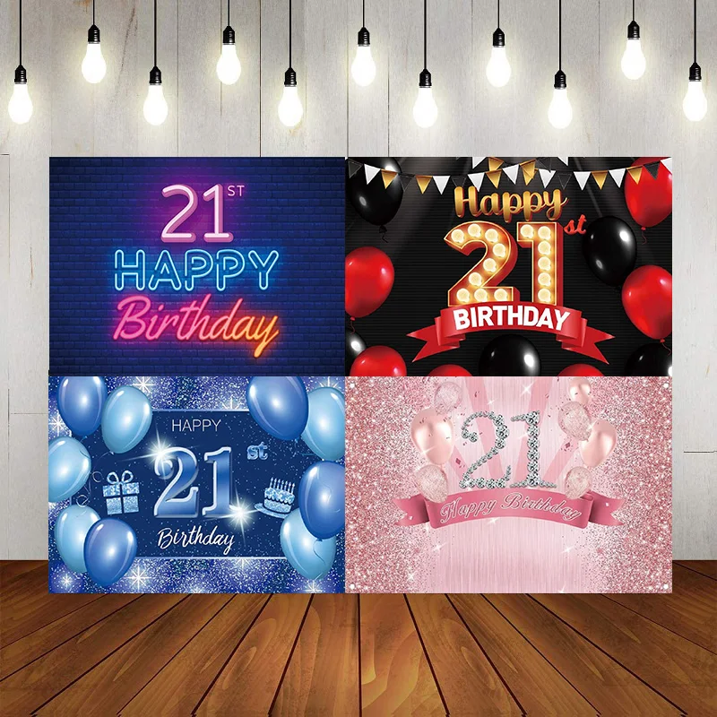 

Happy 21st Birthday Party Decorations Photography Backdrop Banner Gold Purple Background Poster Balloon Princess Prince Photo