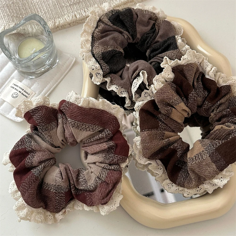 

Retro Lace Checkered Scrunchies Hair Tie Fashion Women BB Bangs Hindbrain Ponytail Hairpin Headwear Hair Accessories For Girls