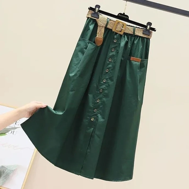 

Юбка миди Летняя женская из 2023 хлопка, с поясом на пуговицах и карманами