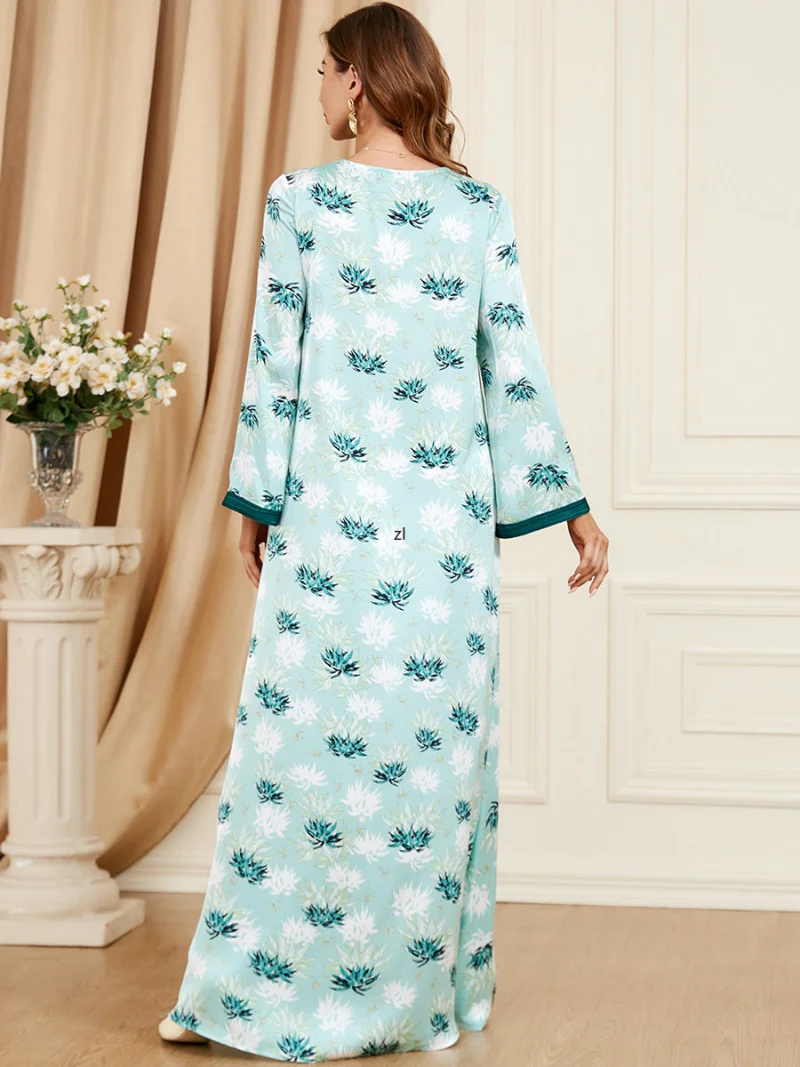 Print Abaya for Women Braided Trim Islamic Dresses Gulf Jalabiya Dubai Muslim Party Long Dress Moroccan Kaftan Ramadan Eid