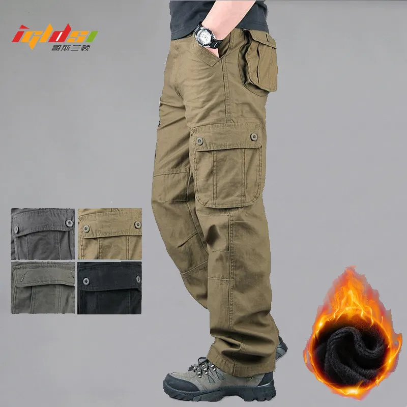 Winter Thick Warm Pants Men Double Layer Fleece Casual Military Multi Pockets Cotton Long Trouser Male Baggy Cargo Pants M-5XL