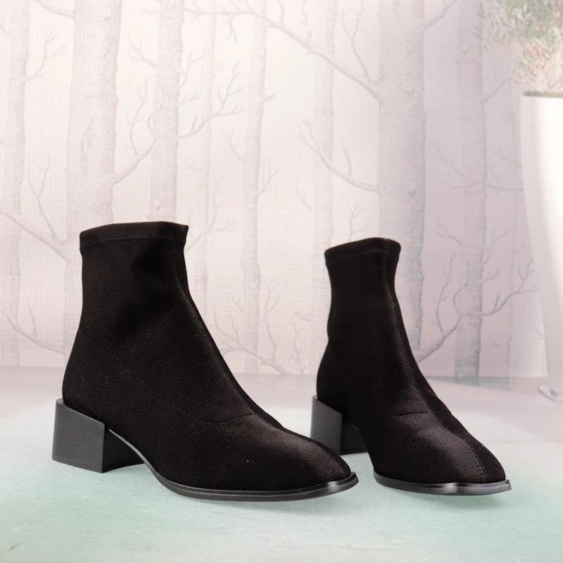 

Square head and elastic velvet medium heel thick women's shoes breathable women's boots Fashion short boots 3839