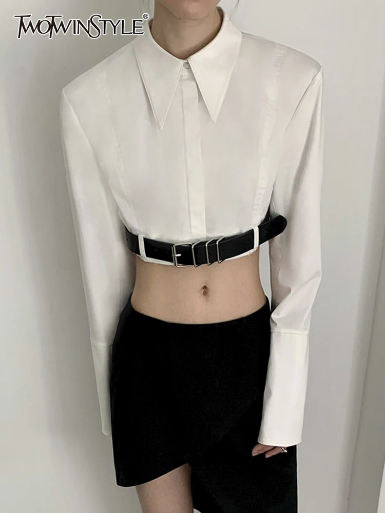 

Женская блузка с поясом TWOTWIN, свободная рубашка с отложным воротником и длинным рукавом, в минималистическом стиле, на лето, 2023