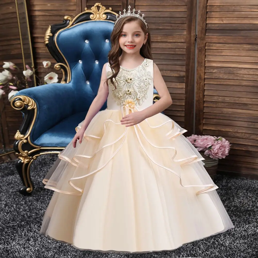 

European multi-layer flower princess dress noble wedding dress fluffy long 5-14 year old girl dress