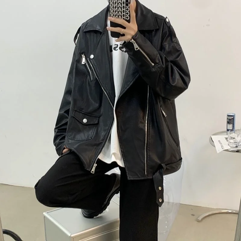 

Spring 2022 Men Motorcycle Leather Jacket Loose Fashion Turn Down Collar Male Coats Korean Style Zipper Outerwear