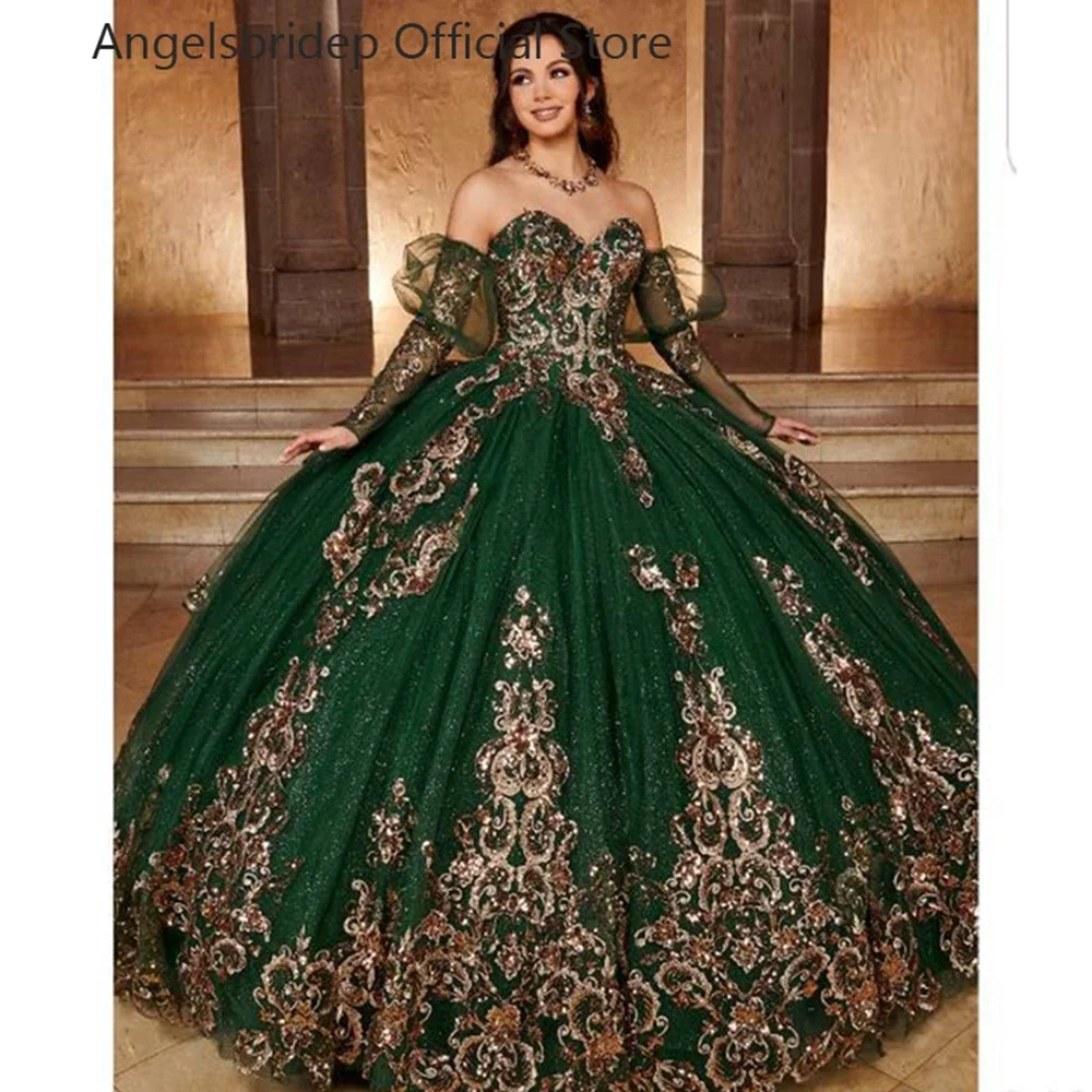 

Green Ball Gown Quinceanera Dresses Sweetheart 3/4 Sleeves Sweet 16 Prom Gowns Beadings Vestidos De 15 quinceanera