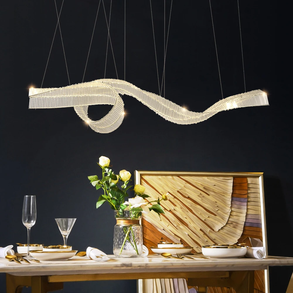 

Gold large luxury crystal chandelier for dining room home decor modern hanging light fixture led adjustable glass ribbon lamp