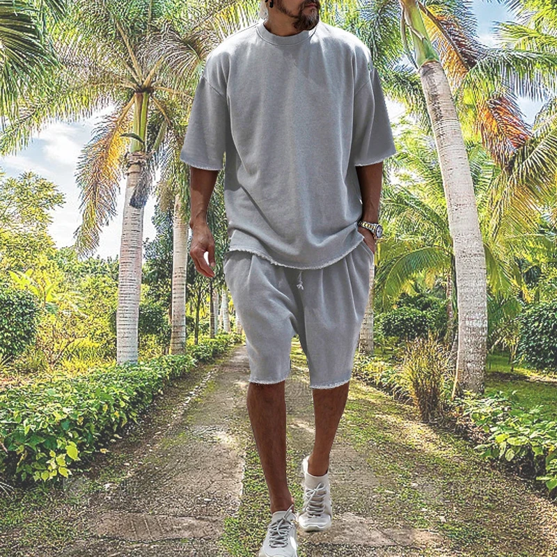 

Man T-Shirts and Shorts Sets Short Sleeve Top Casual Summer Tracksuits Men Fashion Trend Solid color Loose Sportswear Streetwear