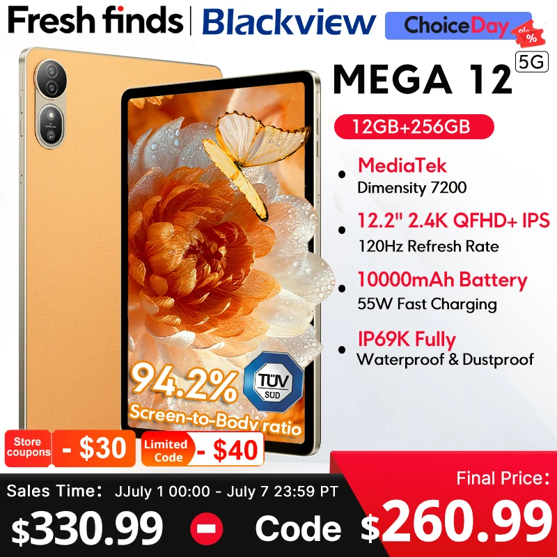 Фото Blackview MEGA 12 Планшет 5G 12,2 дюйма 2,4 К 120 Гц Размер дисплея 7200 Процессор IP69K Водонепроницаемая камера 50 МП 10000 мАч Pad ПК №1