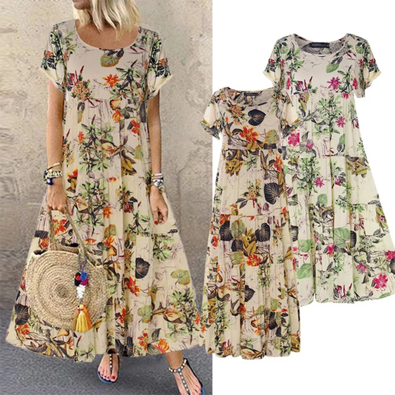

Women Boho Maxi Dress Vintage Floral Printed Long Dress Female Elegant Short Sleeve Holiday Sundress Party Beach Dress Vestidos