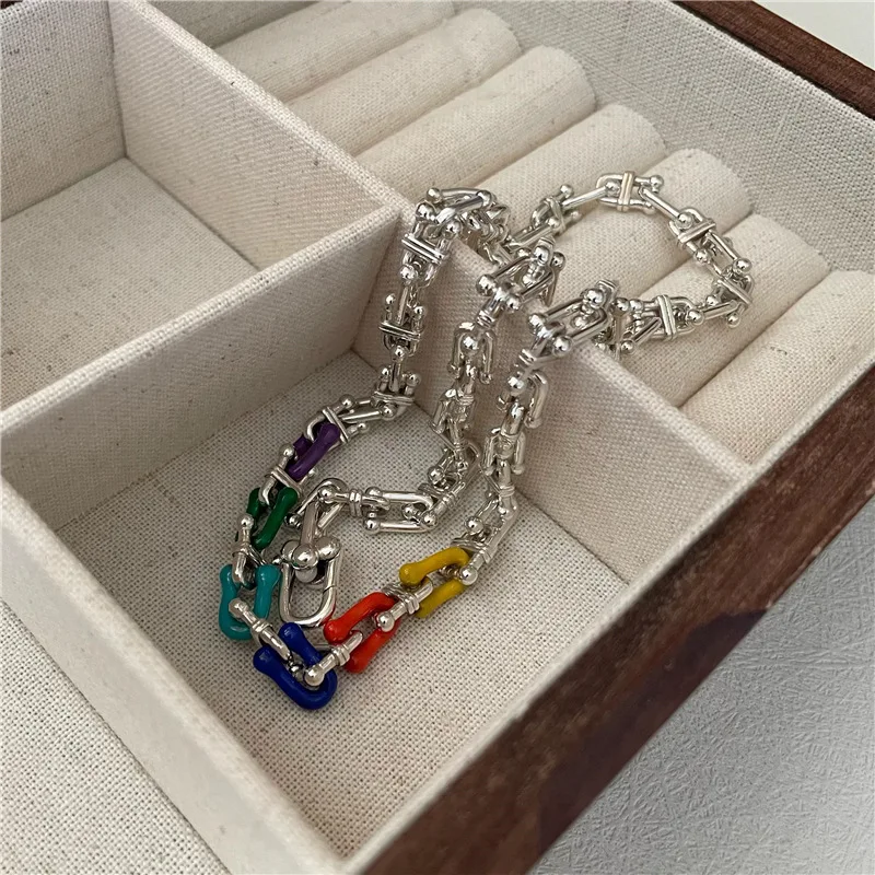 

S925 Sterling Silver U-Shaped Horseshoe Heavy Industry Korean Style Rainbow Necklace Fashion Trendy Unique Korean Style Clavicle