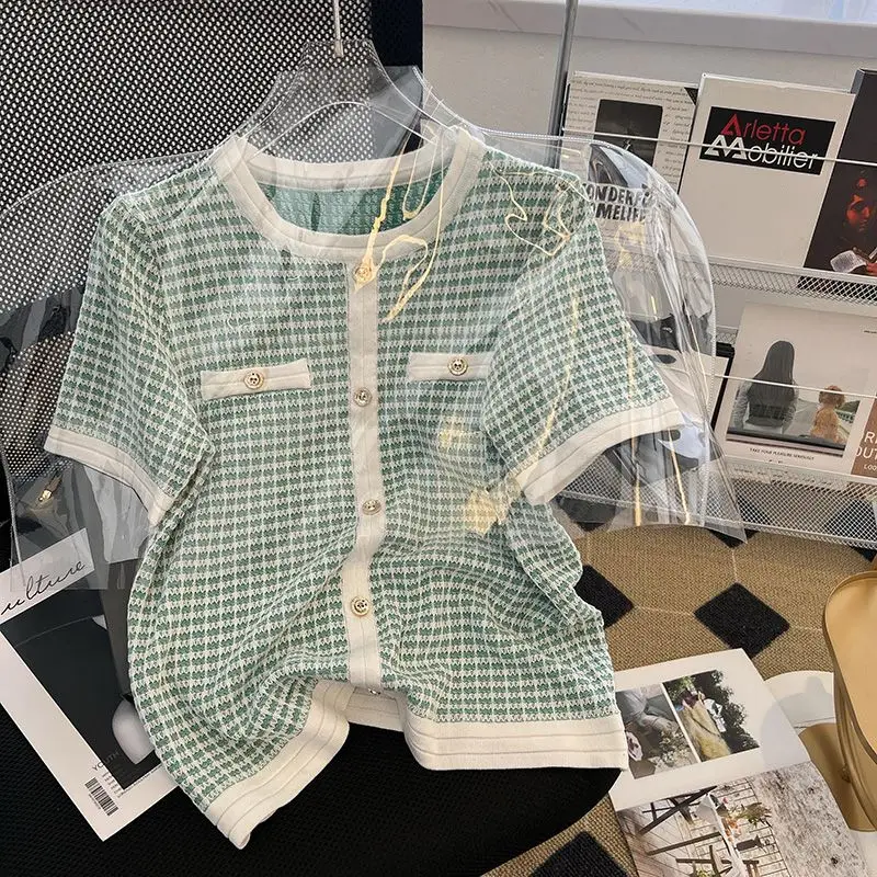 

Летние вязаные тонкие Топы с коротким рукавом и круглым вырезом на пуговицах