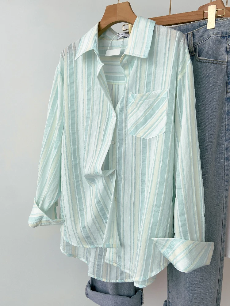 Зеленая полоса Солнцезащитная одежда рубашки женская летняя Свободная рубашка