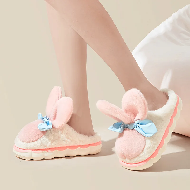 

2023 New Ins Hot Rabbit Ears Slippers Woman Girls Winter Warm Indoor Shoes Women's Fur Slides Mules Home Furry Bunny Slippers