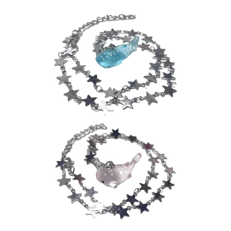 

E0BF Y2K Star Chain Necklace Whale Pendant Clavicle Chain Choker Dainty Star Chain Necklace Sweet Cool Jewelry Women Girl