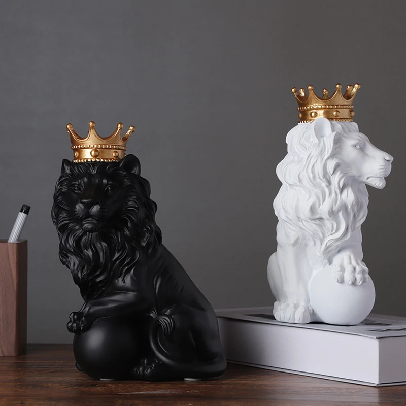 

Modern Resin Animal Statue Abstract Crown Lion Sculpture Lion Ball Statue Crafts Animal Art Decor Living Room Desk Home Decor