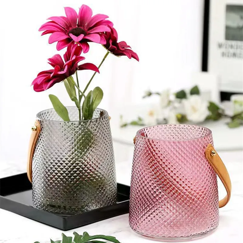 

Glass Flower Vase With Leather Handle Portable Bouquets Dried Flower Bag Vase Hydroponic Plant Vase Home Office Wedding Decor