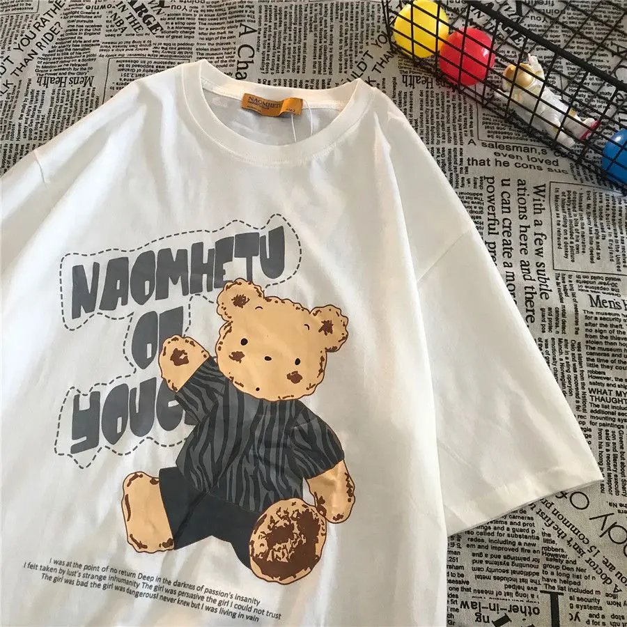 

Cotton Cartoon Bear American Vintage Fashion Oversized T-shirt Women Unisex Japanese Short Sleeve Casual Tops 2023 Summer Tshirt