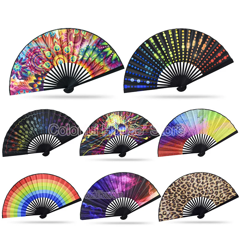 

Carnival Festival Hand Stain Fan Large Folding Fan Printing Kung Fu Fan Satin Bamboo Bone Fan Gift Wedding Dance Supplies 23cm