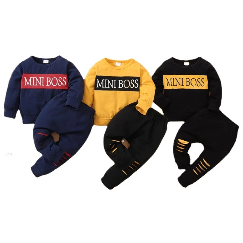 Infant Baby Boys Set Cute MINI BOSS Printed Long Sleeve Shirt Ripped Design Pants Spring Autumn Sport Toddler Boys 2PCS Outfit