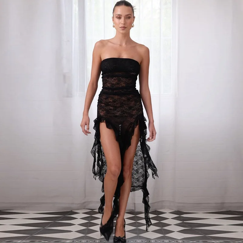 

European and American New Fashion 2023 Spring/summer Slim Beauty Back Sexy Lace Split Asymmetrical Sexy Elegant Women's Dress