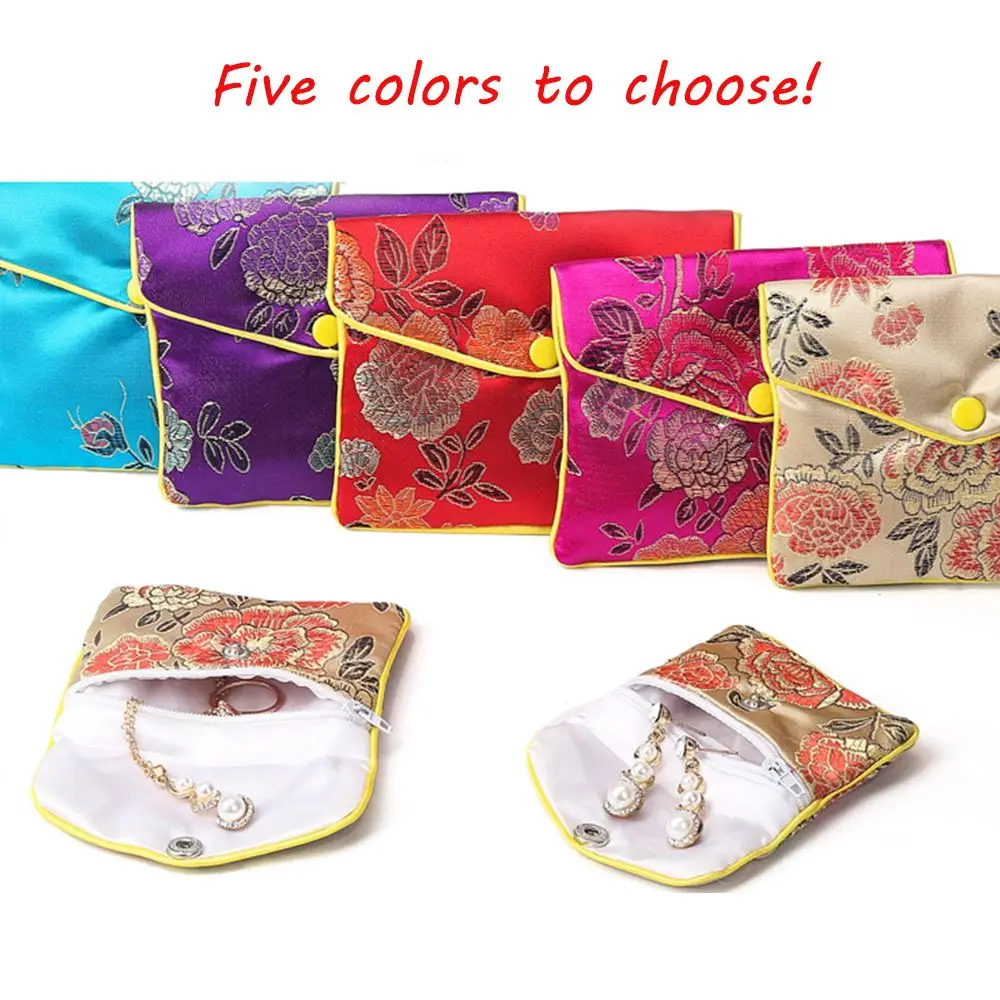 Chinese Brocade Handmade Silk Embroidery Padded Zipper Small Jewelry Storage Pouch Bag Snap Case Satin Coin Purse Wallet