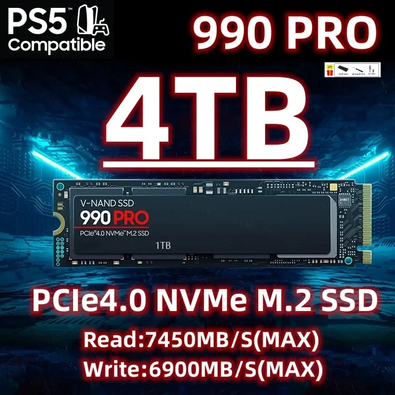 

990 PRO 4TB SSD PCIe 5,0 NVMe 4,0 M.2 2280 1TB 2 ТБ 18000 MB/S SSD Внутренний твердотельный жесткий диск для ноутбука, настольного ПК MLC PS5