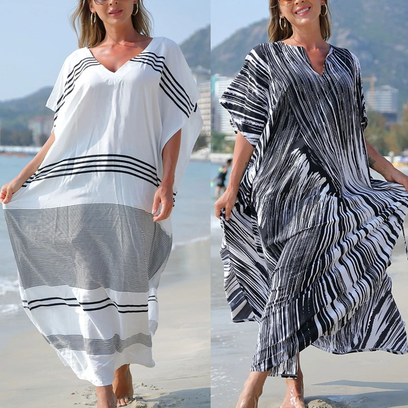 

Women's Stripe Print Swimsuits Bikini Cover Up Summer Beach Swimwear,Bikini Beachwear,V-Neck Long Dress for Vacation 24BD