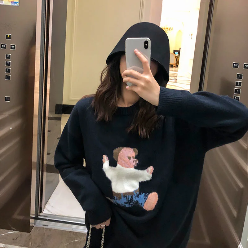 

pattern Bear pullover shirt women spring and autumn new loose long-sleeved round neck sweater