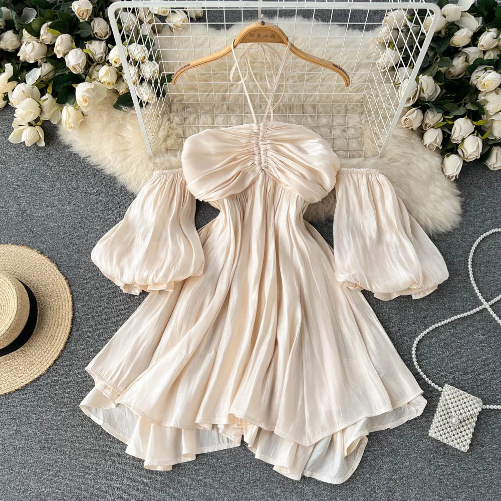 

2022 New Japanese Sweet Women Dresses Vintage Elegant A-Line Puff Sleeve Strapless Female Dress Korean Chic Summer Beach Dress