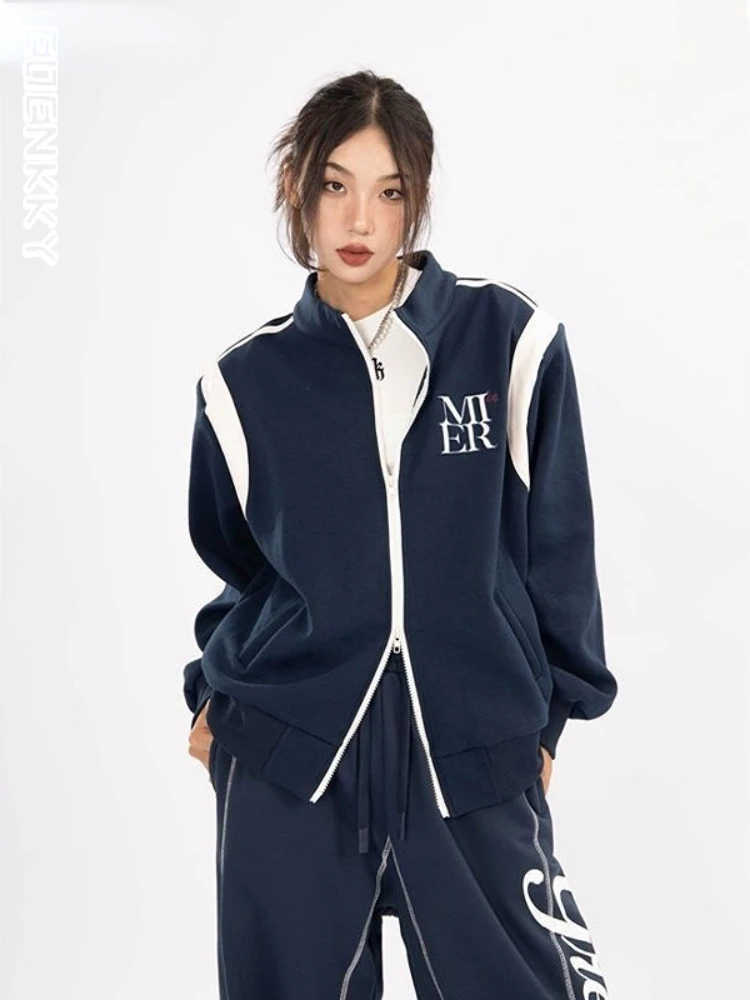 

American Vintage Jacket Women Letter Embroidery Color Block Zipper Coat Stand Neck Casual Loose Fashion Sweatshirts Jackets