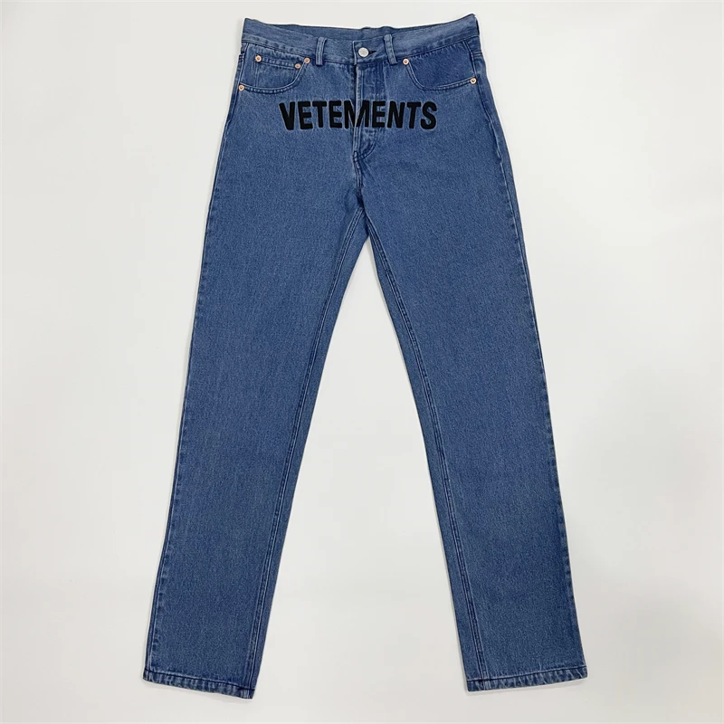 

New Blue Vetements Jeans Men Women 1:1 kanye Washed Embroidered Logo Patch Label VET Jeans Trouser y2k