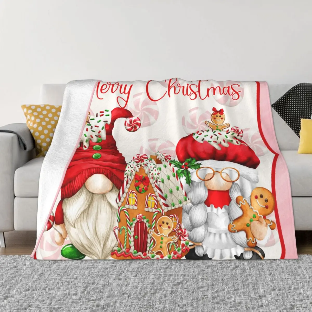 

Merry Christmas Gnome Fleece Blankets Pink New Year Funny Throw Blankets for Home Hotel Sofa 150*125cm Quilt