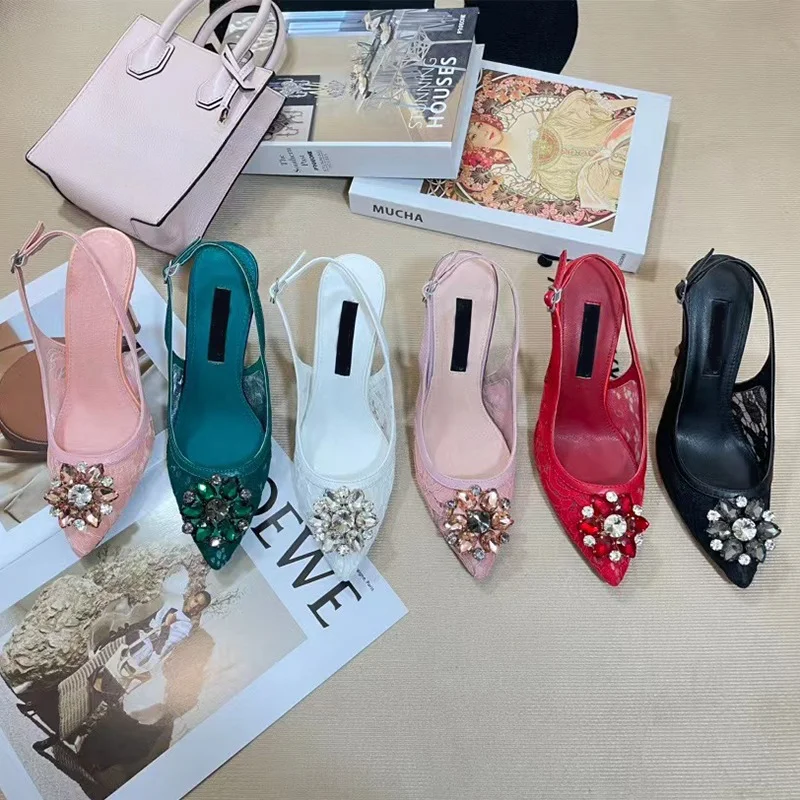 

2023 Summer New Style~Lace Rhinestones~High Heel Women's Shoes~Thin Heels~Pointed Head~Mesh Breathable~Baotou Sandals