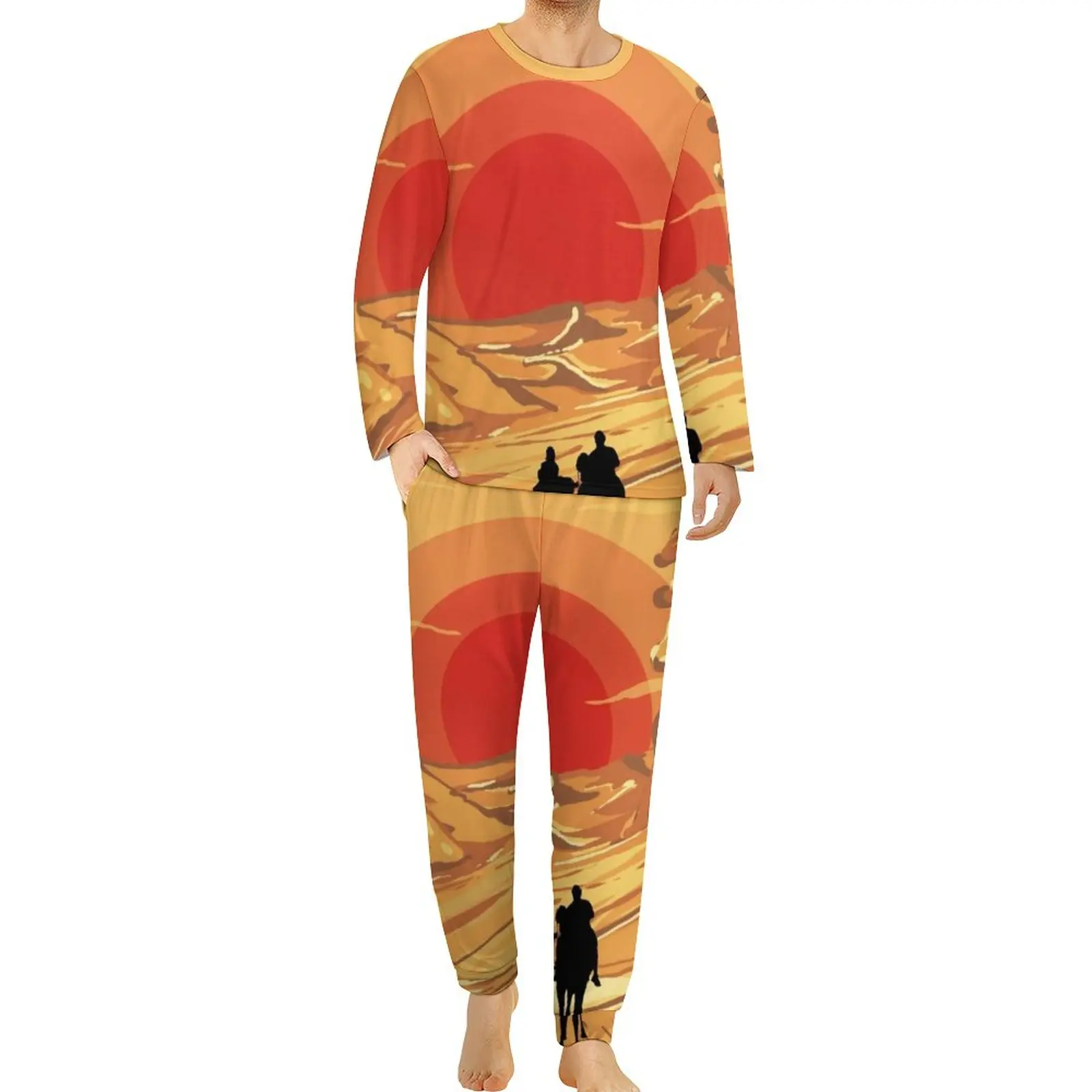 

Desert Caravan Pajamas Winter 2 Pieces Red Sunset Print Warm Pajama Sets Men Long Sleeve Sleep Pattern Sleepwear Big Size 5XL