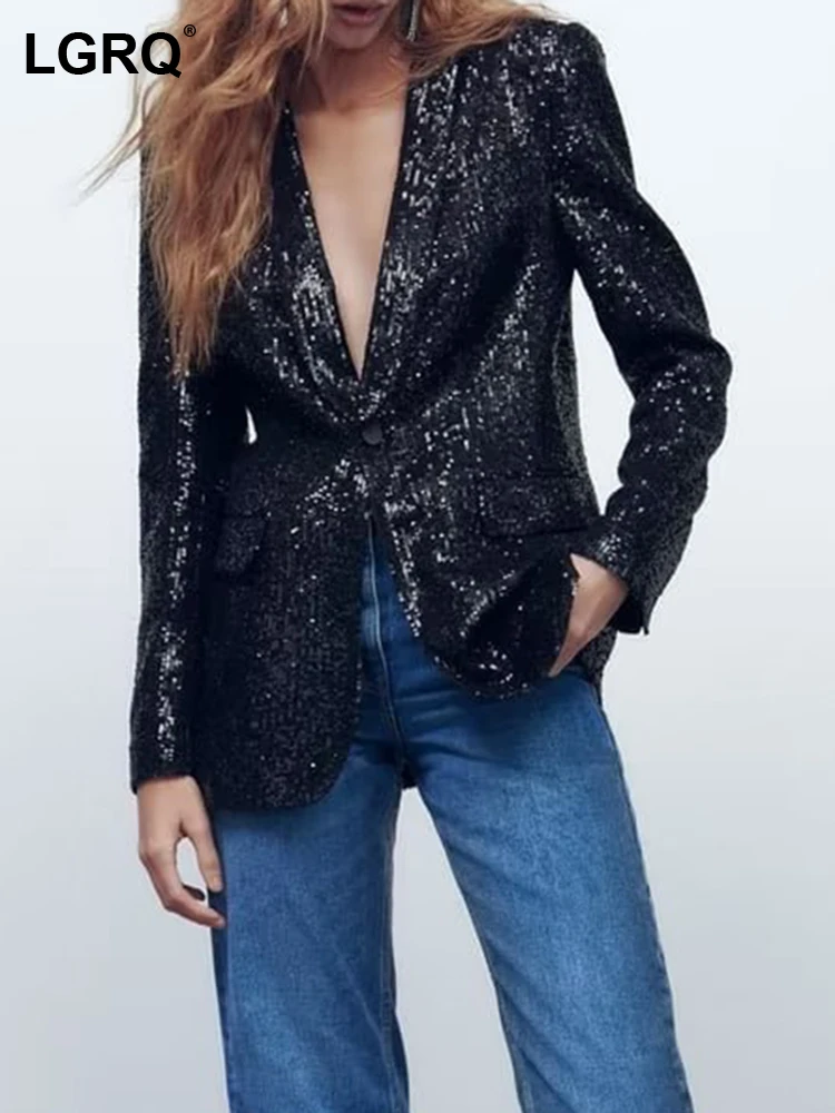 

LGRQ Fashion Solid Color Reflect Light Sequin Casual Women's Blazer New Loose Elegant Luxury Jackets Female Summer 2023 19J2793
