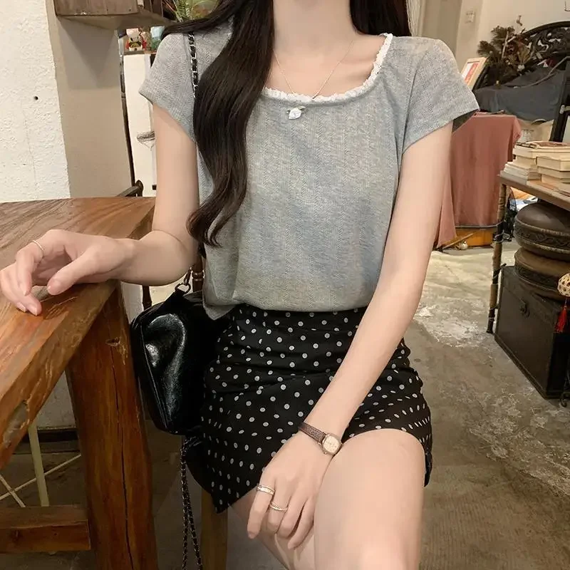 Short Sleeve T-Shirt Summer 2024 Trendy Design Solid Color Shoulder Length Pure Style Lace Collar Korean Version Wom |