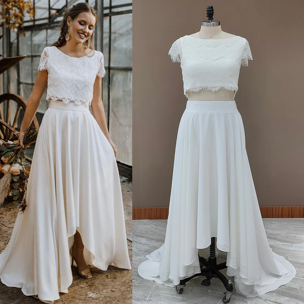 Two Piece Lace Wedding Dress Crop Top Bohemian Princess 2021 Scoop Buttons Cap Sleeves High Low Maxi Beach Chiffon Bridal Gown