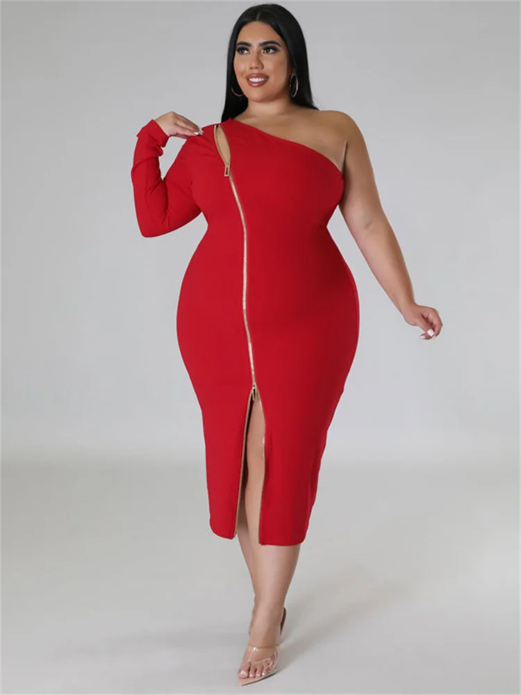 Plus Size Dresses for Women Single Sleeve Elegant Solid Sexy Zipper Maxi Dress New Summer Clothes Whol 3xl 4xl 5xl 6xl